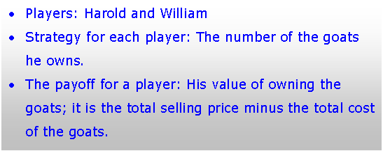 Text Box: 	Players: Harold and William
	Strategy for each player: The number of the goats he owns.
	The payoff for a player: His value of owning the goats; it is the total selling price minus the total cost of the goats.
